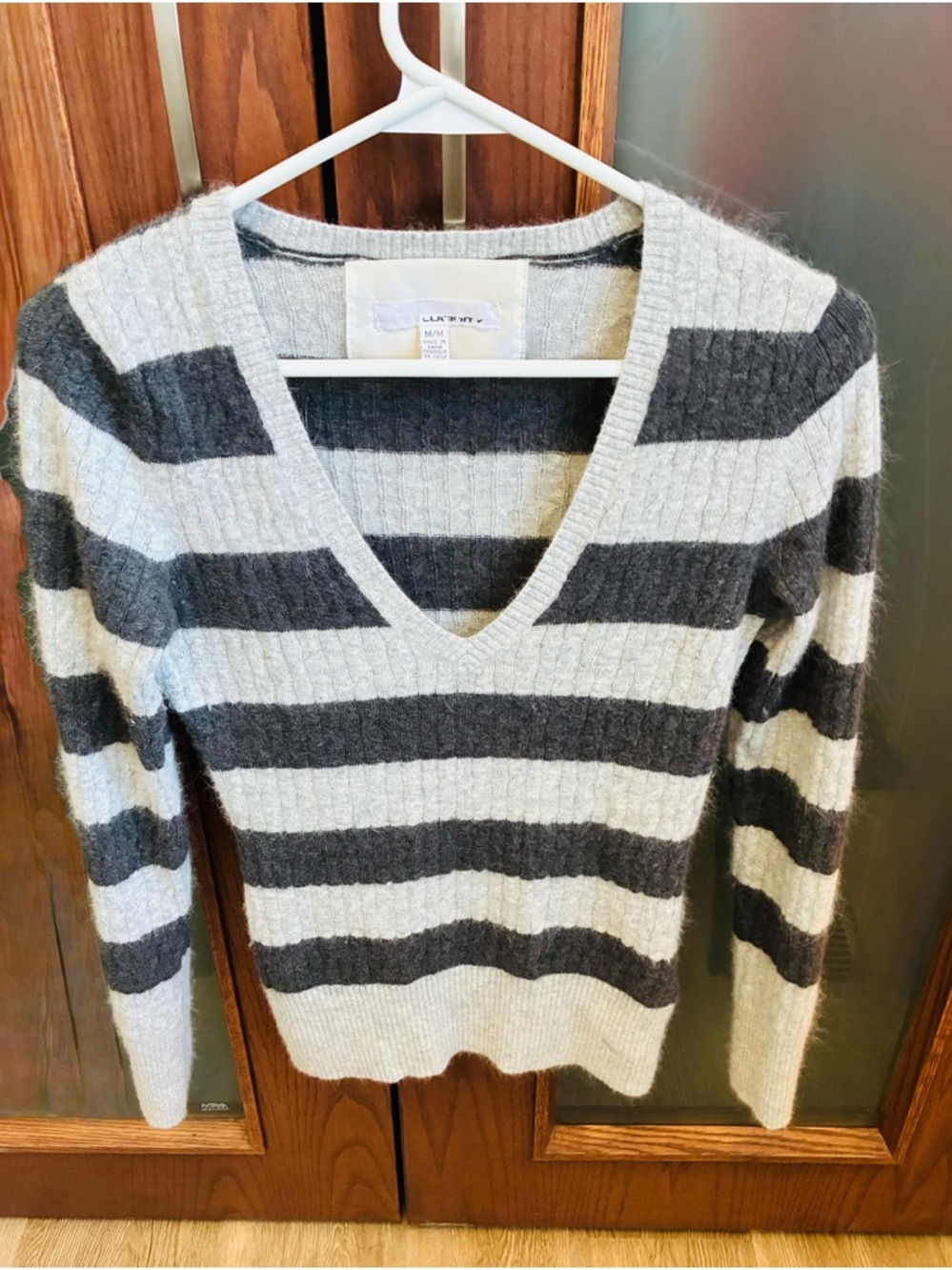 Soft Striped V-Neck Cable Knit Sweater in Shades of Gray